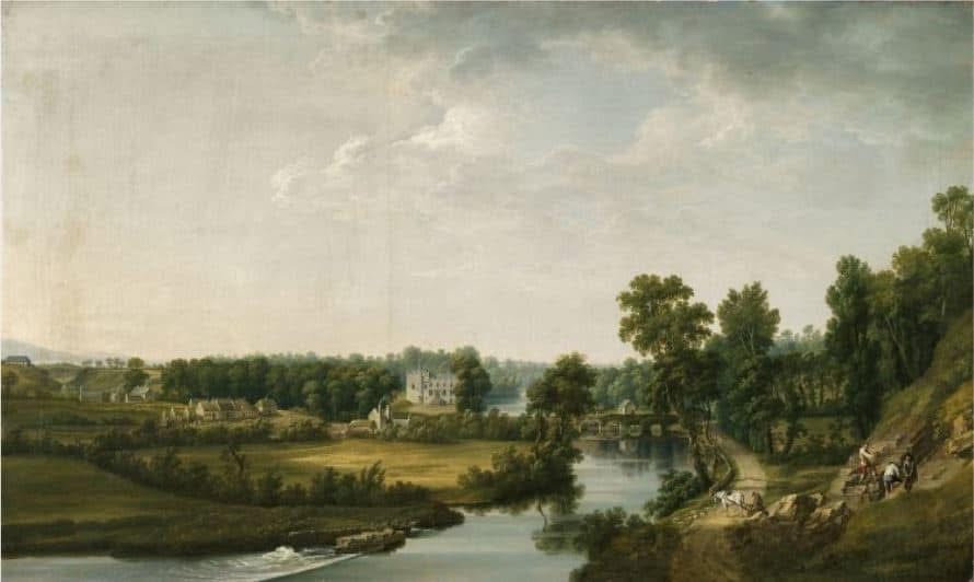 A serene landscape depicting a river winding through lush greenery, with a house on the far bank and a small bridge. In the foreground, a group of people and horses are seen along the riverbank.
